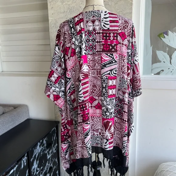 0070/ Red Black Colorful Poncho With Fringe , Loose Top - Picture 5 of 11